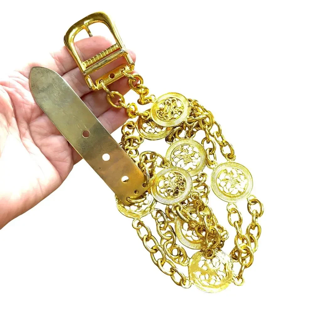 Vintage 1980's chunky gold double chain belt O/S station links textured disks